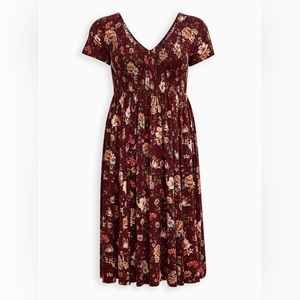 Torrid Burgundy Midi Challis Smocked Dress - Size 0